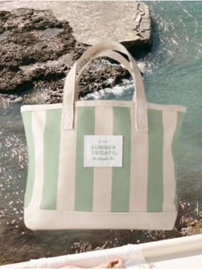 SUMMER FRIDAYS mini Green & Cream Striped Canvas Tote Bag